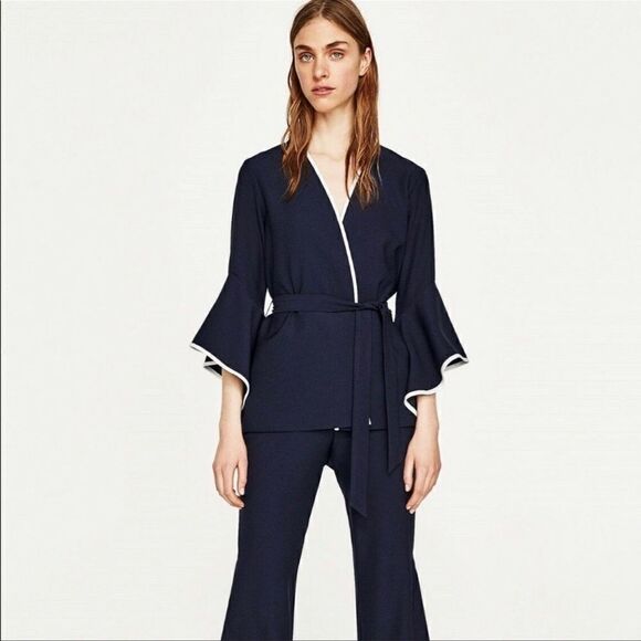Zara Navy White Ruffle Fluted Wrap Jacket belt missing read description Sz-XS - Picture 1 of 14